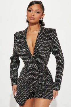 Fashion Nova Clarissa Tweed Romper - Black/combo