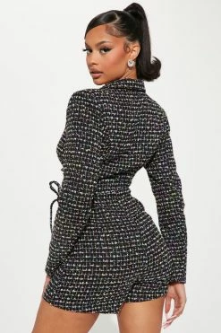 Fashion Nova Clarissa Tweed Romper - Black/combo