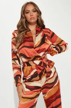 Fashion Nova Penelope Printed Jumpsuit - Rust/combo