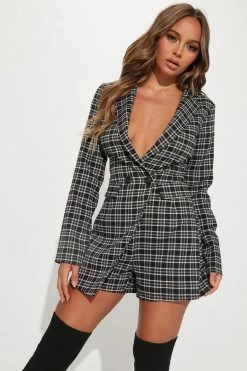Fashion Nova Paulina Plaid Romper - Black