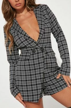 Fashion Nova Paulina Plaid Romper - Black