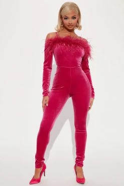 Fashion Nova Jumpsuits Silvia Off Shoulder Velvet Jumpsuit - Fuchsia