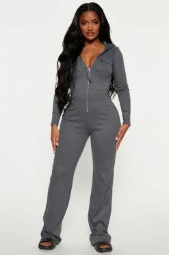 Fashion Nova Ready For The Weekend Ribbed Jumpsuit - Charcoal