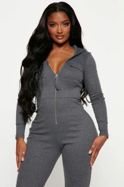 Fashion Nova Ready For The Weekend Ribbed Jumpsuit - Charcoal