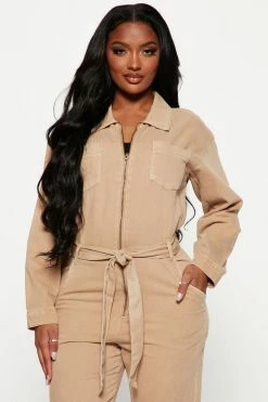 Fashion Nova Jumping To Conclusions Denim Jumpsuit - Tan Jumpsuits