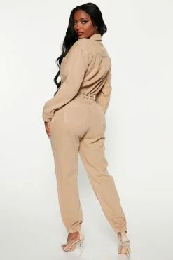 Fashion Nova Jumping To Conclusions Denim Jumpsuit - Tan Jumpsuits