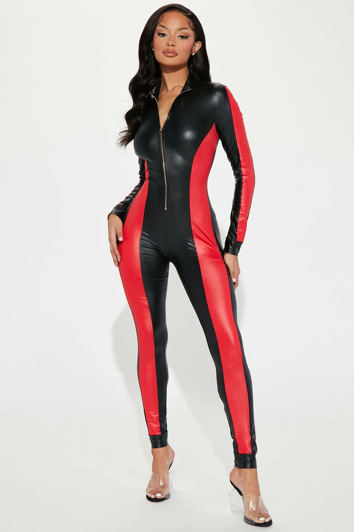 Fashion Nova Jumpsuits Heart Racing PU Leather Jumpsuit - Black/Red