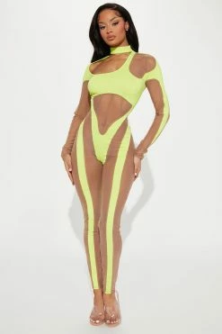 Fashion Nova Nothing To See Mesh Jumpsuit - Lime