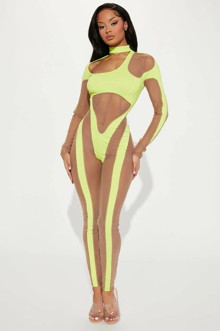 Fashion Nova Nothing To See Mesh Jumpsuit - Lime