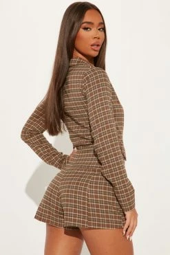 Fashion Nova Paulina Plaid Romper - Taupe Rompers