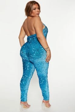 Fashion Nova Shine Like Me Sequin Jumpsuit - Turquoise