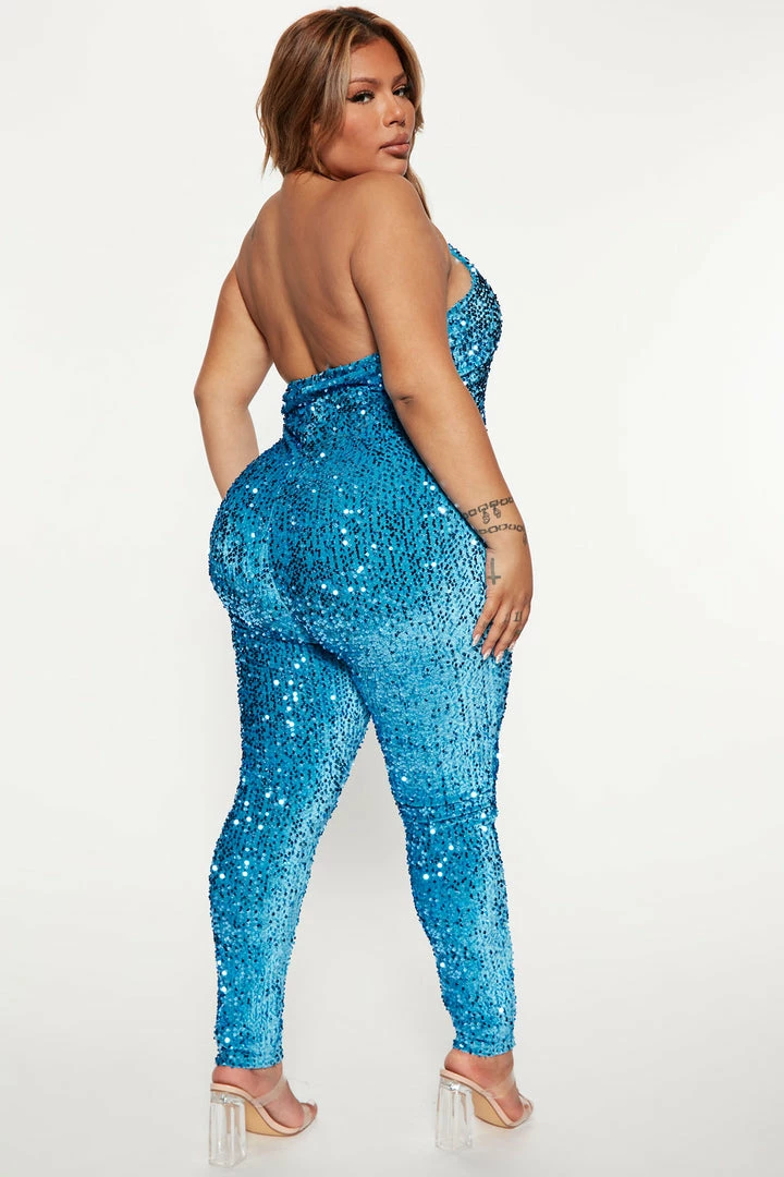 Fashion Nova Shine Like Me Sequin Jumpsuit - Turquoise