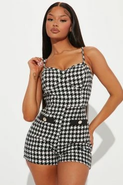 Fashion Nova Viena Houndstooth Romper - Black Rompers