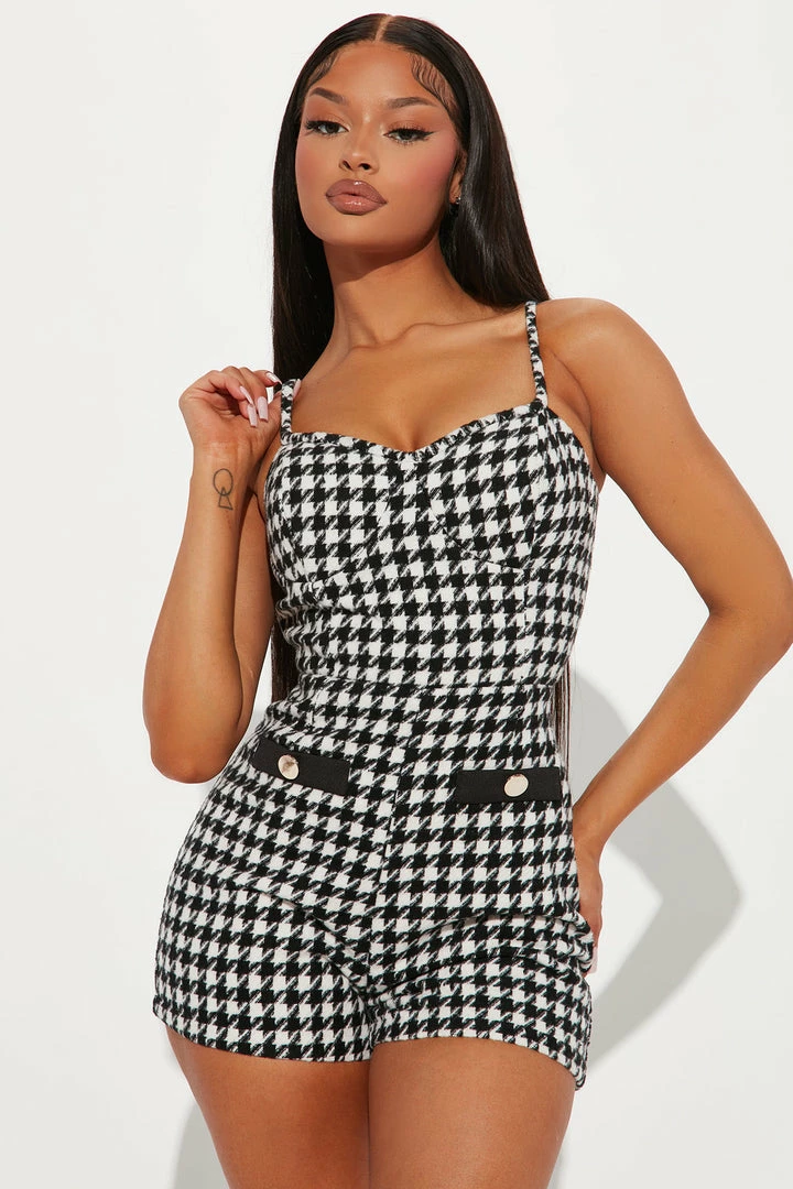Fashion Nova Viena Houndstooth Romper - Black Rompers