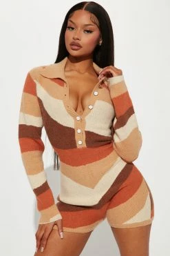 Fashion Nova In The Moment Sweater Romper - Brown/combo
