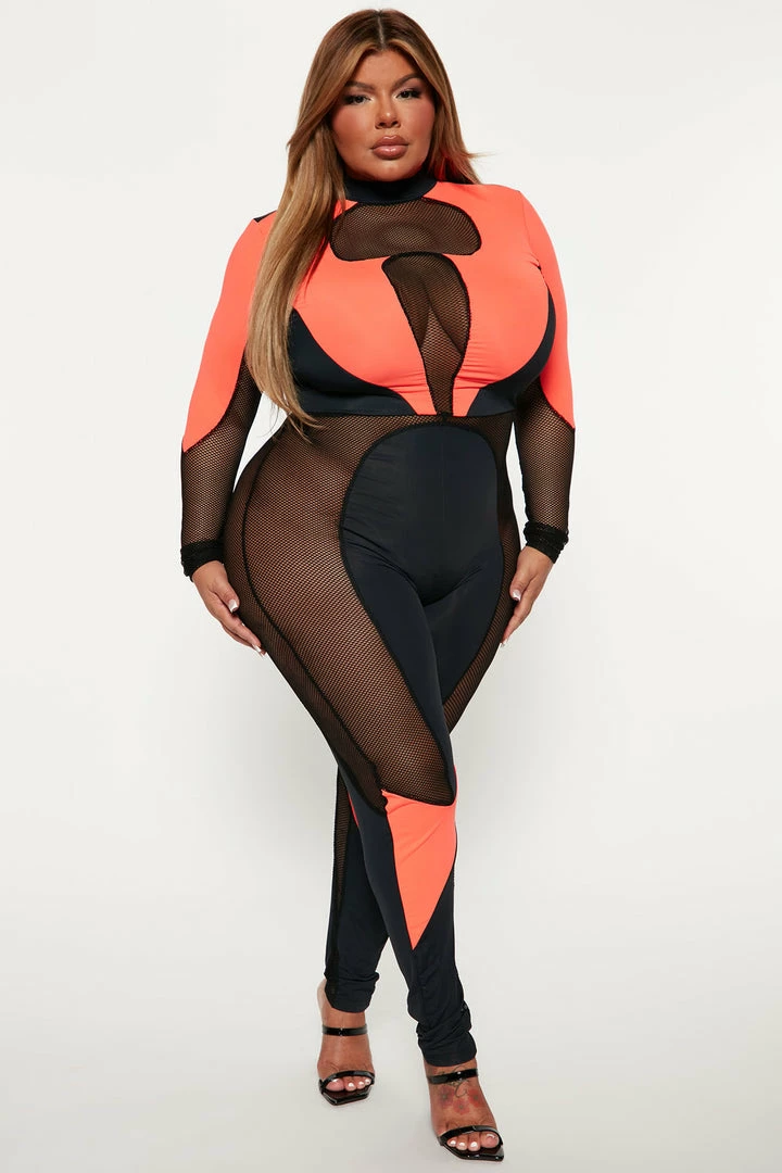 Fashion Nova Feeling You Fishnet Jumpsuit - Orange/combo Jumpsuits