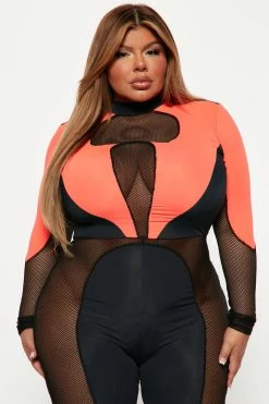 Fashion Nova Feeling You Fishnet Jumpsuit - Orange/combo Jumpsuits