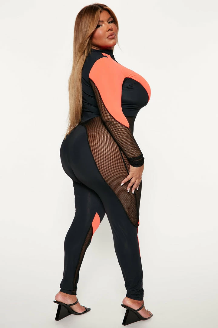 Fashion Nova Feeling You Fishnet Jumpsuit - Orange/combo Jumpsuits