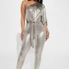 Fashion Nova Mila Metallic Jumpsuit - Silver