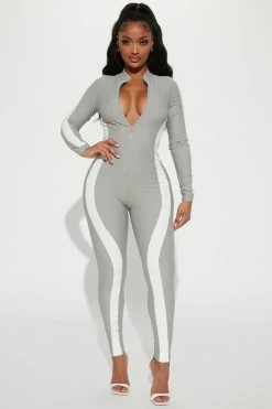 Fashion Nova Jumpsuits On The Track Jumpsuit - Grey/combo