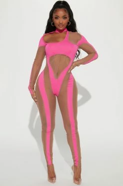 Fashion Nova Jumpsuits Nothing To See Mesh Jumpsuit - Hot Pink