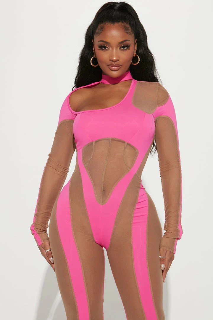 Fashion Nova Jumpsuits Nothing To See Mesh Jumpsuit - Hot Pink