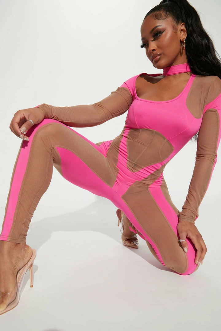 Fashion Nova Jumpsuits Nothing To See Mesh Jumpsuit - Hot Pink