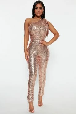 Fashion Nova Jumpsuits Born To Shine Sequin Jumpsuit - Rose Gold