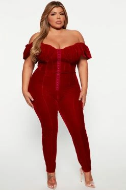 Fashion Nova Vivian Velvet Jumpsuit - Red Jumpsuits