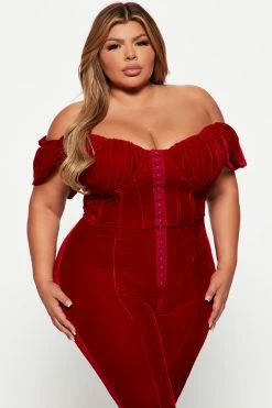 Fashion Nova Vivian Velvet Jumpsuit - Red Jumpsuits