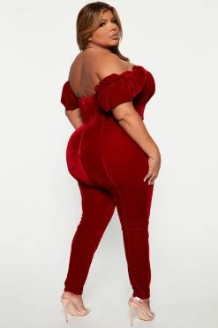 Fashion Nova Vivian Velvet Jumpsuit - Red Jumpsuits