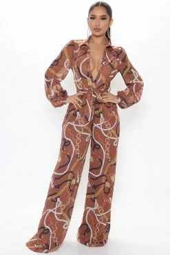 Fashion Nova First Class Printed Jumpsuit - Brown Combo Wide Leg Jumpsuits