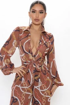 Fashion Nova First Class Printed Jumpsuit - Brown Combo Wide Leg Jumpsuits