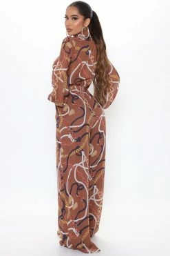 Fashion Nova First Class Printed Jumpsuit - Brown Combo Wide Leg Jumpsuits