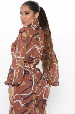 Fashion Nova First Class Printed Jumpsuit - Brown Combo Wide Leg Jumpsuits