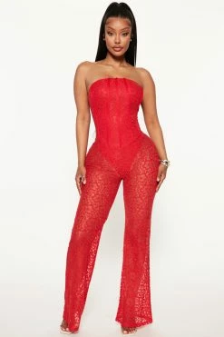 Fashion Nova Jumpsuits Lorena Lace Jumpsuit - Red