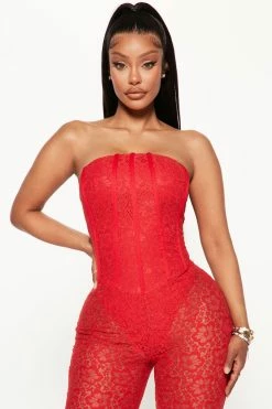 Fashion Nova Jumpsuits Lorena Lace Jumpsuit - Red