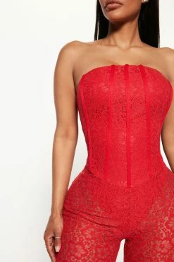 Fashion Nova Jumpsuits Lorena Lace Jumpsuit - Red