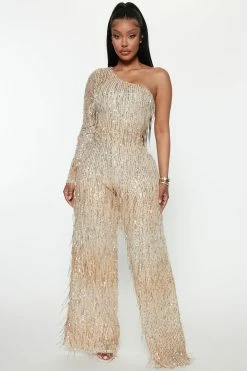 Fashion Nova Famous Fringe Jumpsuit - Gold Jumpsuits