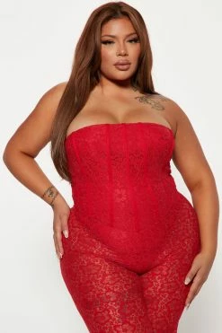 Fashion Nova Jumpsuits Lorena Lace Jumpsuit - Red