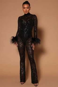 Fashion Nova Katrina Sequin Mesh Jumpsuit - Black Jumpsuits