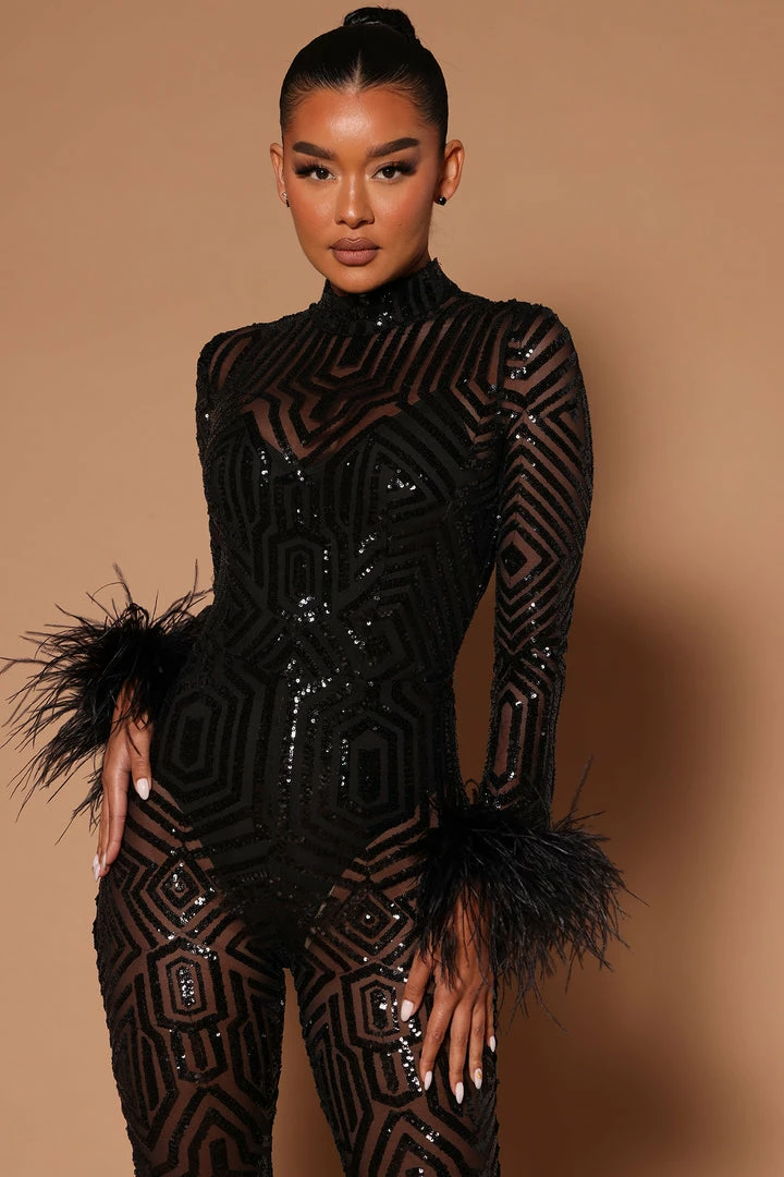 Fashion Nova Katrina Sequin Mesh Jumpsuit - Black Jumpsuits