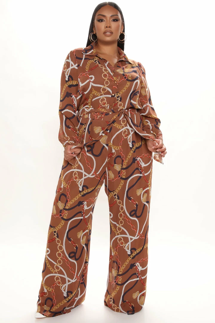 Fashion Nova First Class Printed Jumpsuit - Brown Combo Wide Leg Jumpsuits