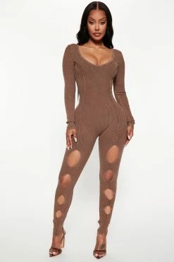 Fashion Nova Jumpsuits Raegan Ribbed Jumpsuit - Brown