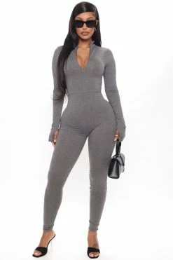 Fashion Nova Houston Hottie Thumbhole Jumpsuit - Charcoal Jumpsuits