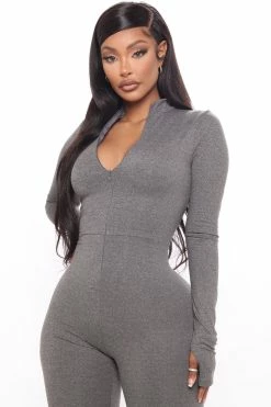 Fashion Nova Houston Hottie Thumbhole Jumpsuit - Charcoal Jumpsuits