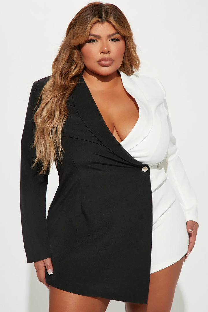 Fashion Nova Kara Color Block Blazer Romper - Black/White Rompers