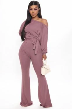 Fashion Nova Jumpsuits Pro Lounger Flare Leg Jumpsuit - Dark Mauve