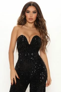 Fashion Nova Sequin Party Jumpsuit - Black/Black Jumpsuits