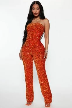 Fashion Nova Glenda Sequin Jumpsuit - Orange